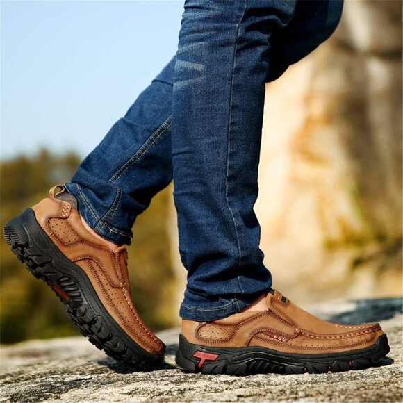 Men's Brown Slip-on Hiking Shoes Leather Casual Outdoor Walking Sneaker - Picture 7 of 8